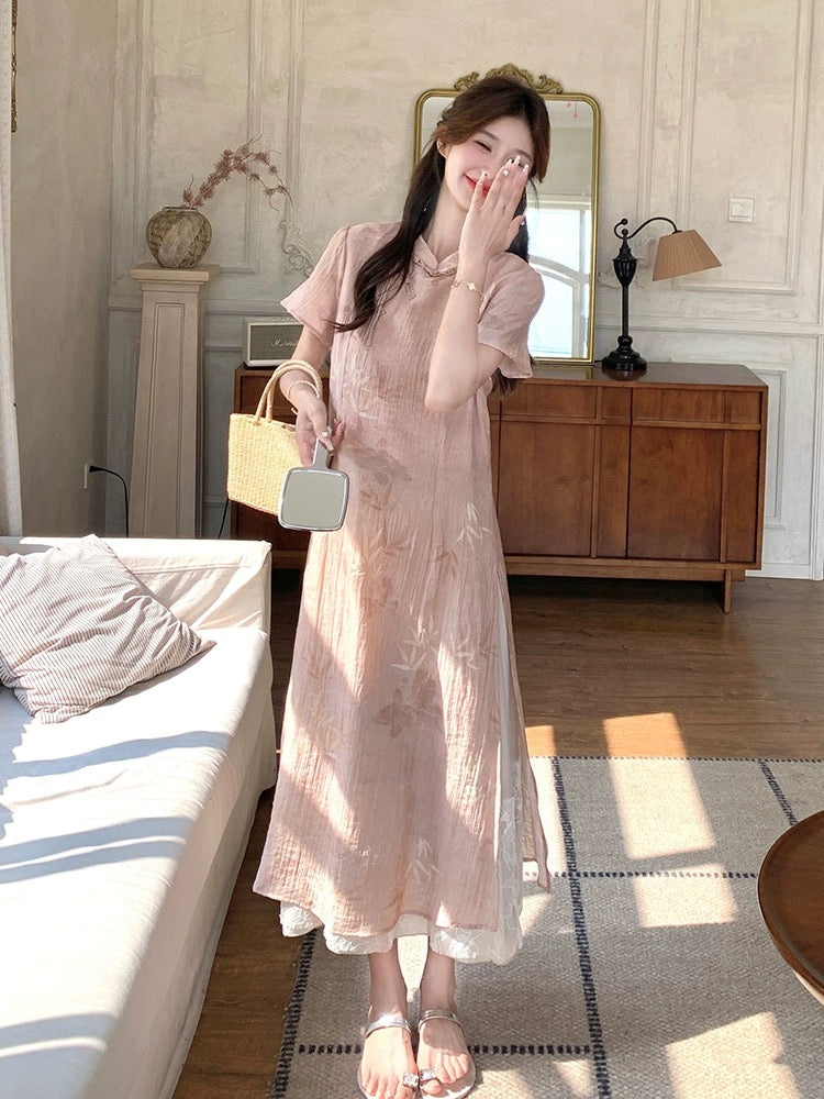 Pink new Chinese dress for women summer 2024 new style gentle and beautiful waist slimming improved cheongsam skirt