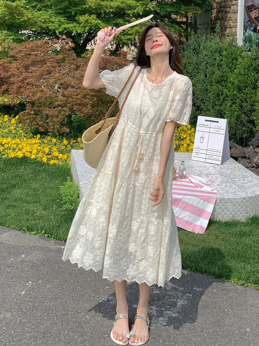 Tea break French white lace dress suit women's summer 2024 new style gentle, lazy and relaxed skirt