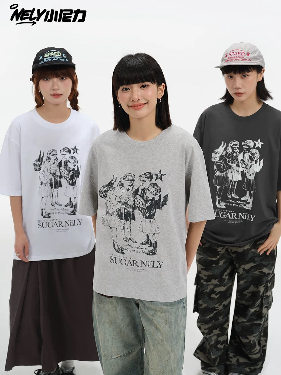 Nely 260g American retro fashion portrait old washed 100% cotton short-sleeved T-shirt for men and women