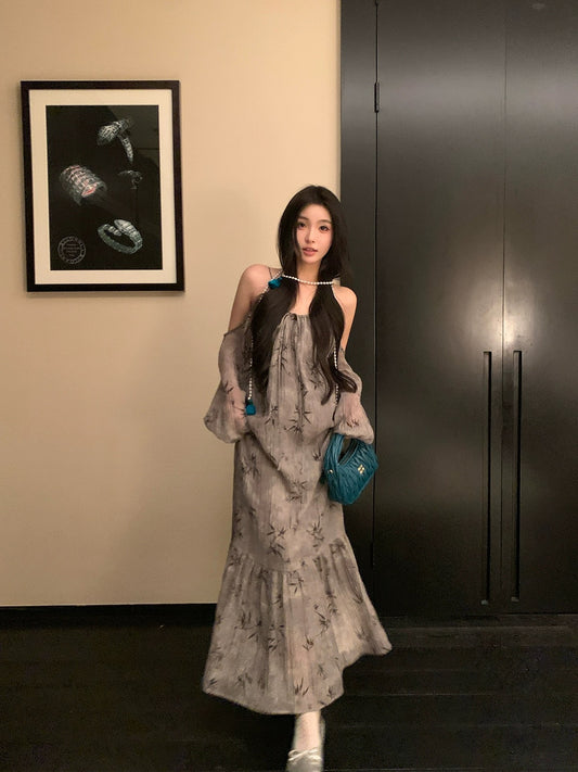 Just Ouyang New Chinese style Chinese style off-the-shoulder suspender dress for women spring retro long skirt printed long-sleeved skirt
