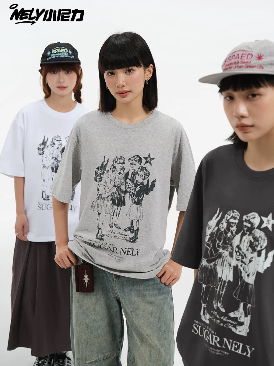 Nely 260g American retro fashion portrait old washed 100% cotton short-sleeved T-shirt for men and women