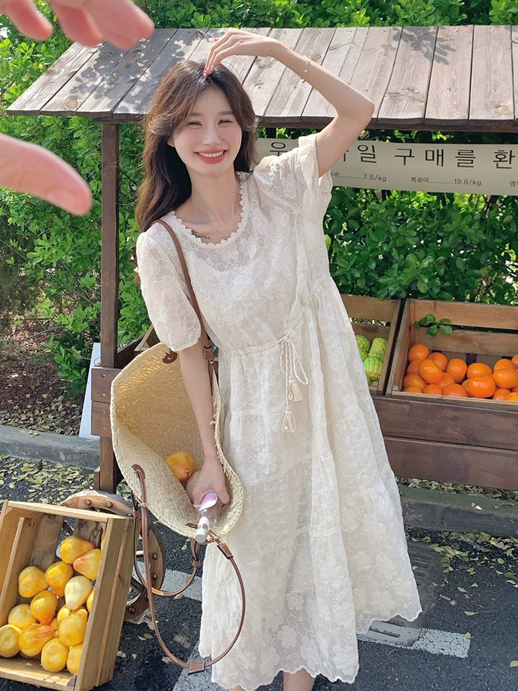 Tea break French white lace dress suit women's summer 2024 new style gentle, lazy and relaxed skirt