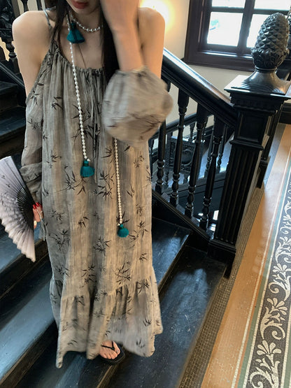 Just Ouyang New Chinese style Chinese style off-the-shoulder suspender dress for women spring retro long skirt printed long-sleeved skirt