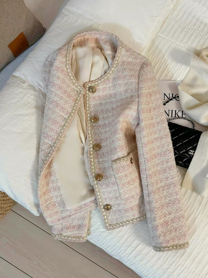 Trendy Women's Pink Tweed Blazer – Sweet & Chic Cropped Style (2026 Autumn/Winter New Arrival)