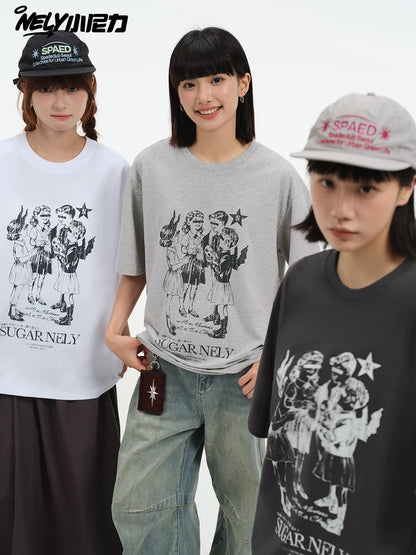 Nely 260g American retro fashion portrait old washed 100% cotton short-sleeved T-shirt for men and women