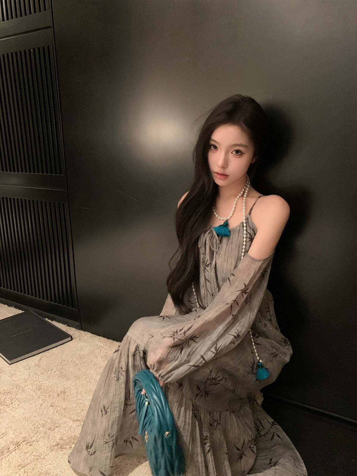 Just Ouyang New Chinese style Chinese style off-the-shoulder suspender dress for women spring retro long skirt printed long-sleeved skirt