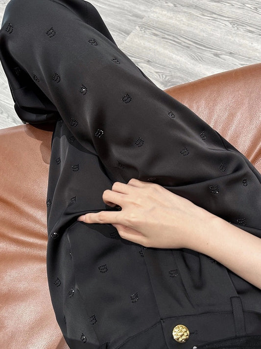 Design hot diamond black high waist casual wide leg pants women's summer new loose thin suit straight long pants