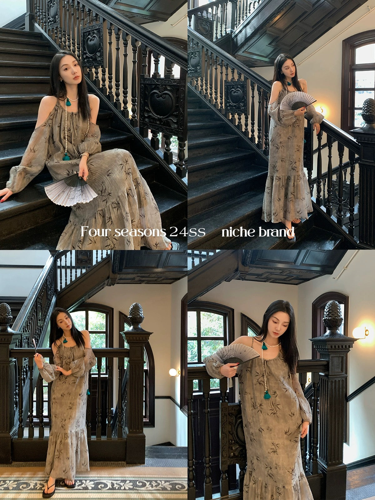Just Ouyang New Chinese style Chinese style off-the-shoulder suspender dress for women spring retro long skirt printed long-sleeved skirt