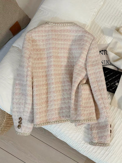 Trendy Women's Pink Tweed Blazer – Sweet & Chic Cropped Style (2026 Autumn/Winter New Arrival)