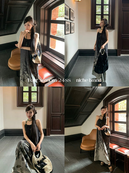 Ouyang's new Chinese style blooming printed suspender dress women's summer retro long skirt design niche skirt