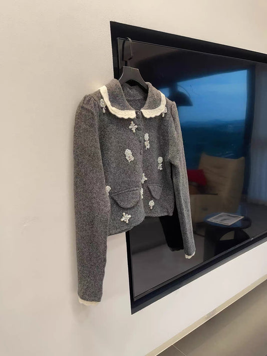 JULY START Shenzhen European Style ~ Heavy-duty beaded Peter Pan collar youthful long-sleeved knitted cardigan sweater coat