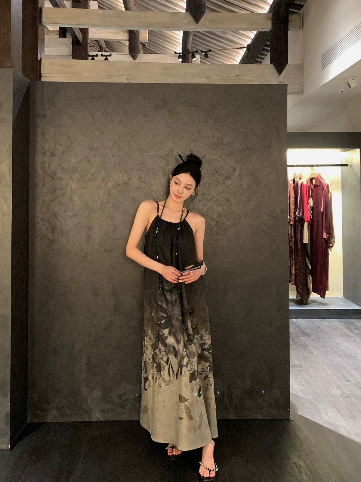 Ouyang's new Chinese style blooming printed suspender dress women's summer retro long skirt design niche skirt