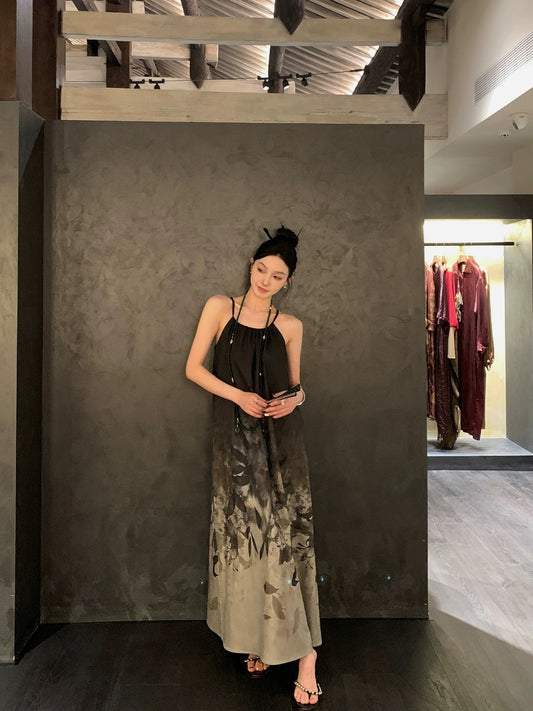 Ouyang's new Chinese style blooming printed suspender dress women's summer retro long skirt design niche skirt