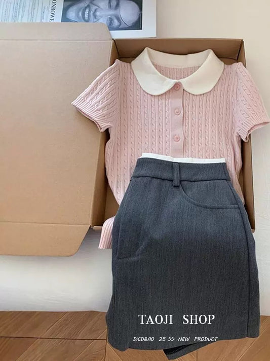 French sweet and gentle pink doll collar knitted short-sleeved T-shirt for women in summer new slim fit and temperament top