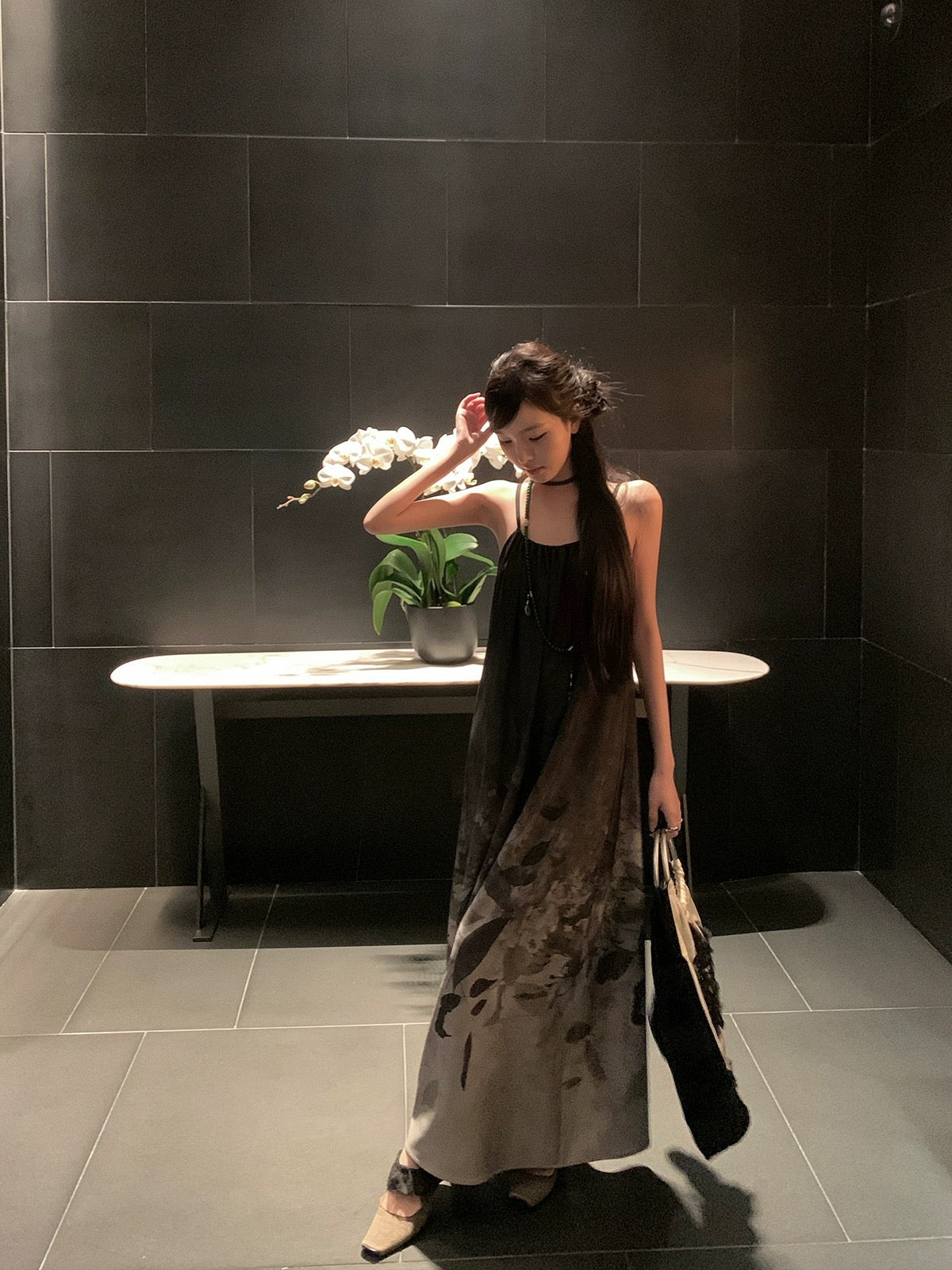 Ouyang's new Chinese style blooming printed suspender dress women's summer retro long skirt design niche skirt