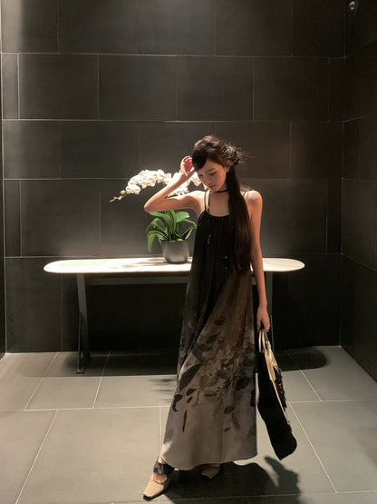 Ouyang's new Chinese style blooming printed suspender dress women's summer retro long skirt design niche skirt