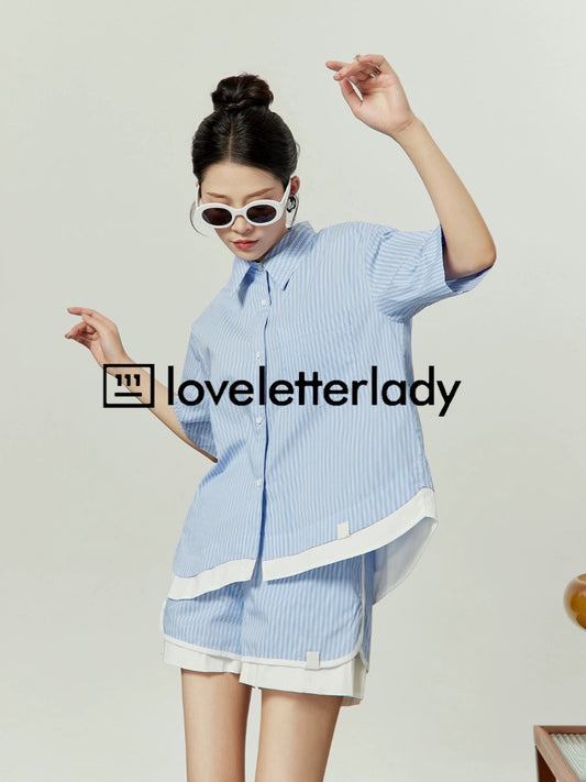 Zhou Liwu/Blue and white splicing striped suit 2024 new summer lapel shirt shorts design two-piece set
