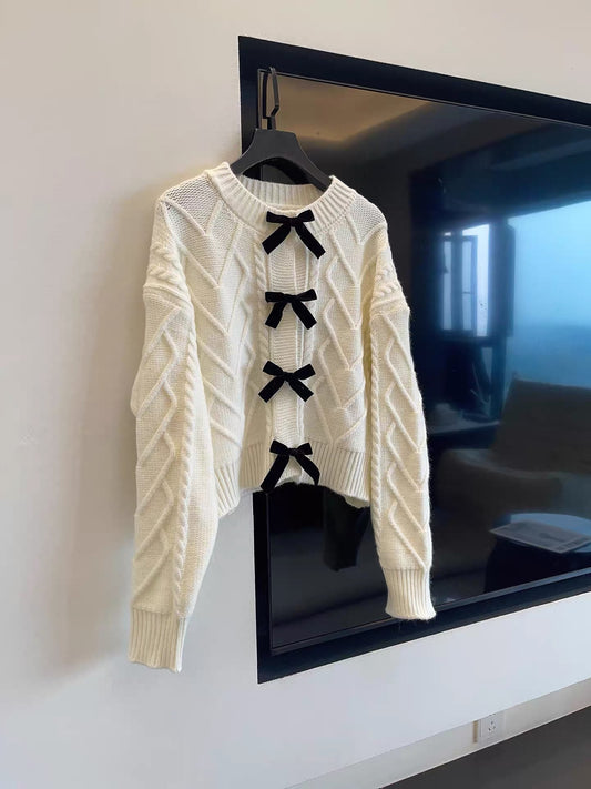 JULY START Early Spring New Arrival ~ MIU Series Elegant Velvet Bow-Decorated Cable Knit Cardigan