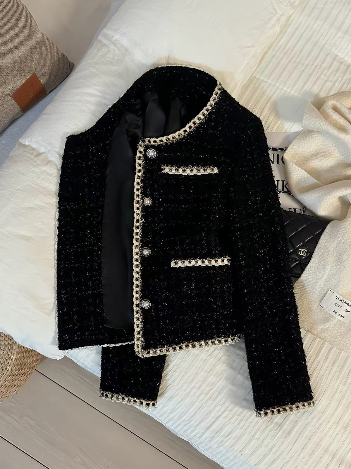 Women's Black Tweed Jacket – Chic, Sophisticated "Little Black Jacket" Style (2026 Autumn/Winter New Arrival)