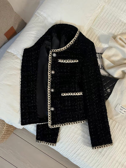 Women's Black Tweed Jacket – Chic, Sophisticated "Little Black Jacket" Style (2026 Autumn/Winter New Arrival)