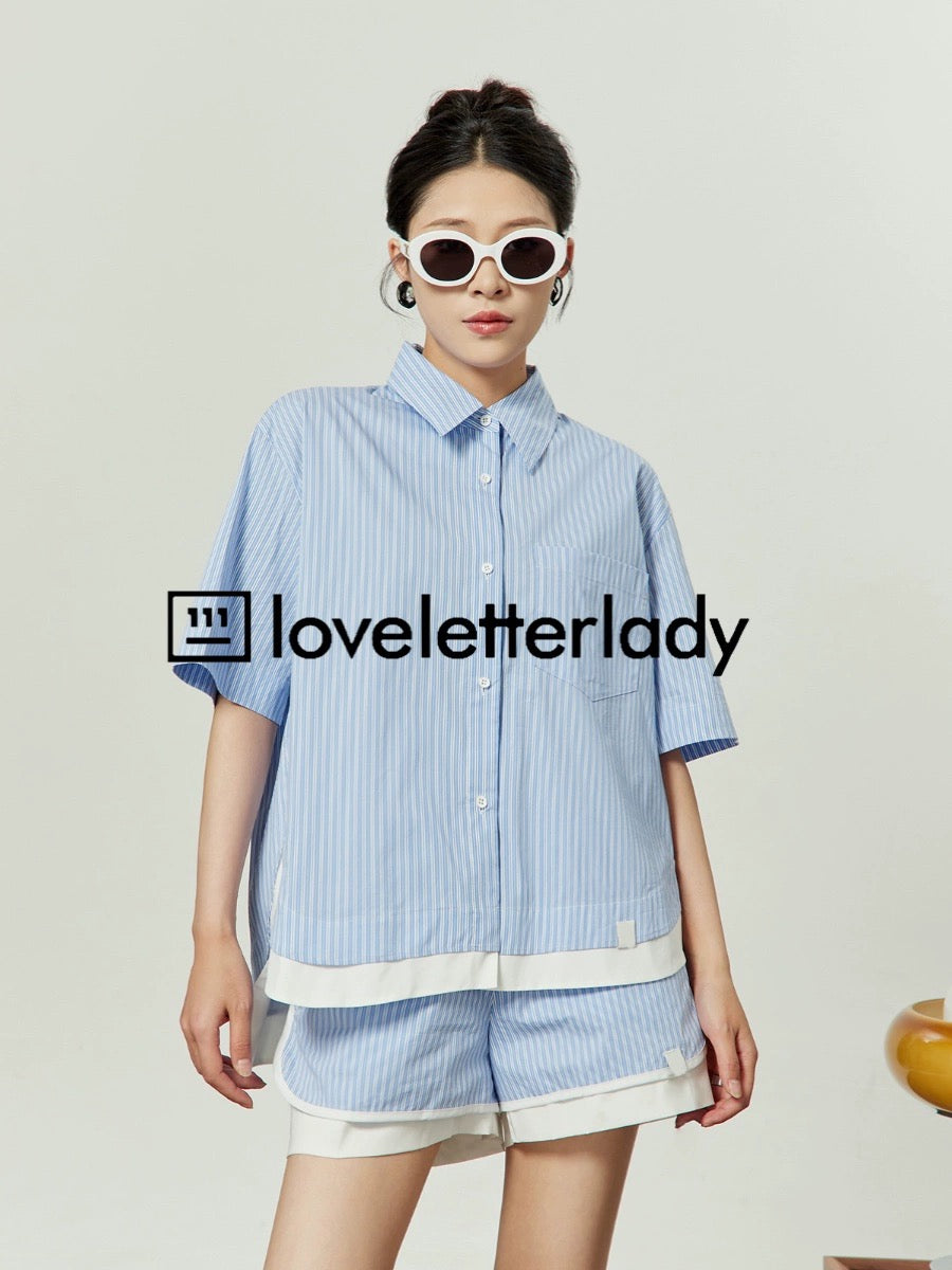 Zhou Liwu/Blue and white splicing striped suit 2024 new summer lapel shirt shorts design two-piece set
