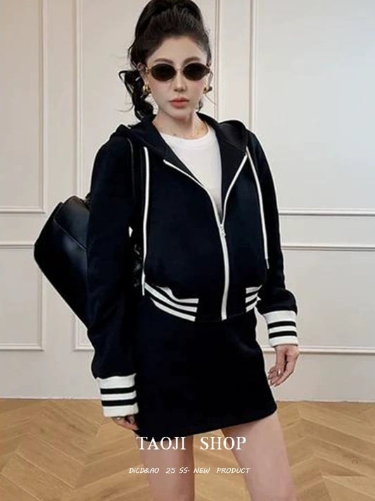 Fashion suit for women, new Korean style, spring casual sports hooded sweater, short jacket, anti-exposure short skirt, two-piece suit