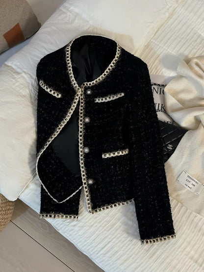 Women's Black Tweed Jacket – Chic, Sophisticated "Little Black Jacket" Style (2026 Autumn/Winter New Arrival)