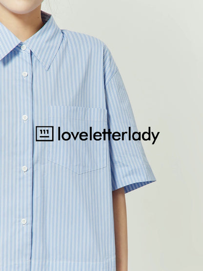 Zhou Liwu/Blue and white splicing striped suit 2024 new summer lapel shirt shorts design two-piece set