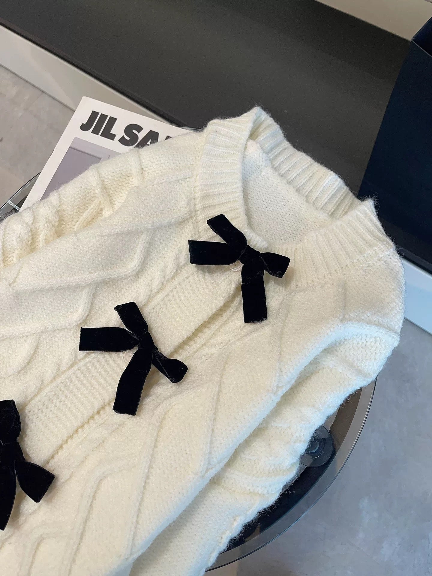 JULY START Early Spring New Arrival ~ MIU Series Elegant Velvet Bow-Decorated Cable Knit Cardigan