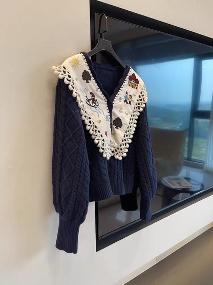JULY START Shenzhen European Goods ~ High-quality heavy-duty embroidered tassel V-neck knitted sweater cardigan with large lapel