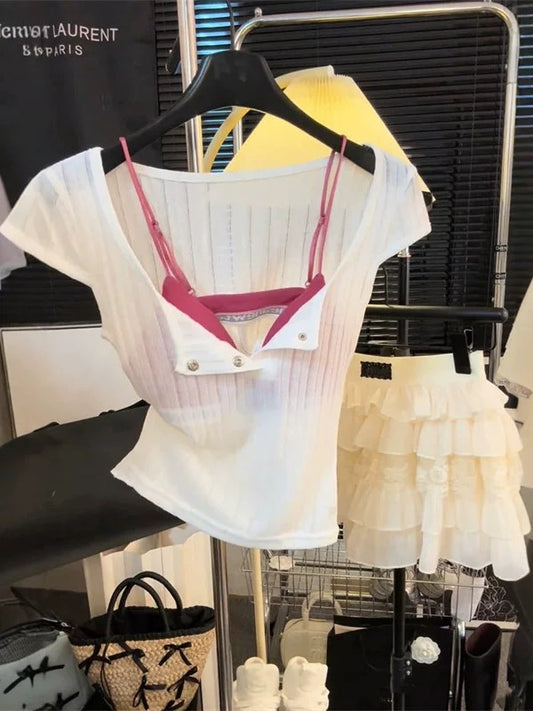 Pure desire hot girl blouse inner wear two-piece suit female spring and summer with chest pad beautiful back short-sleeved T-shirt button short top