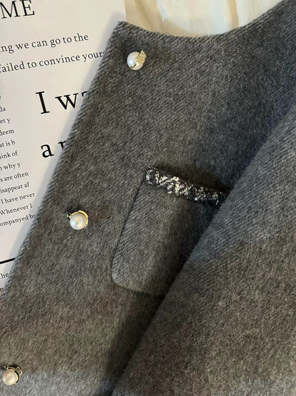 Women's Grey French-Style Chic Double-Faced Cashmere Coat – 2026 Autumn/Winter New Arrival: Short "-Style" Jacket with Pearl Buttons