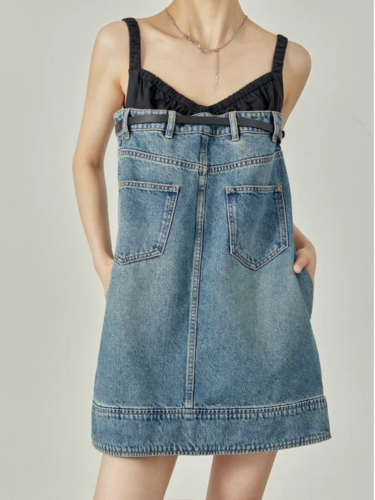 Zhou Liwu's beautiful dress for women's summer new style denim deconstructed stitching fake two-piece skirt women's niche design sense
