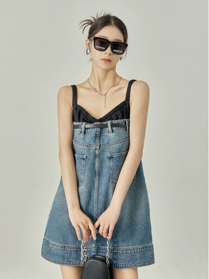 Zhou Liwu's beautiful dress for women's summer new style denim deconstructed stitching fake two-piece skirt women's niche design sense