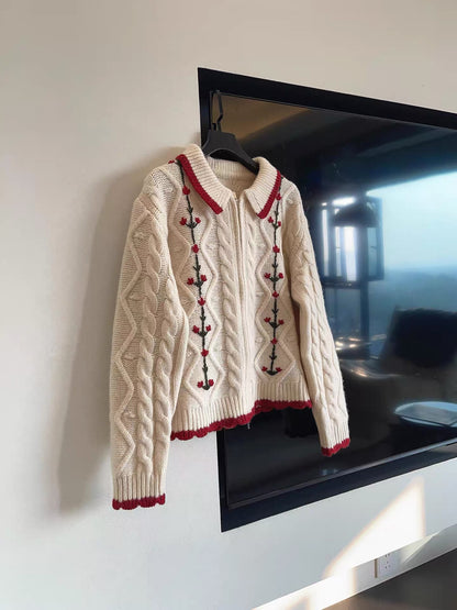 JULY START New Year's Atmosphere Outfit ~ Early Spring Floral Embroidery Polo Collar Zipper Wool Knit Cardigan