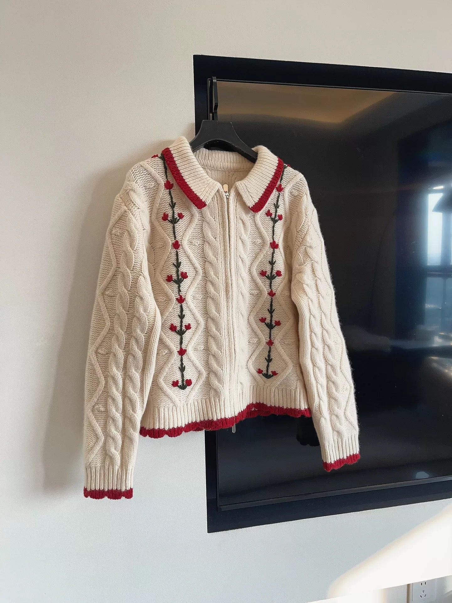 JULY START New Year's Atmosphere Outfit ~ Early Spring Floral Embroidery Polo Collar Zipper Wool Knit Cardigan