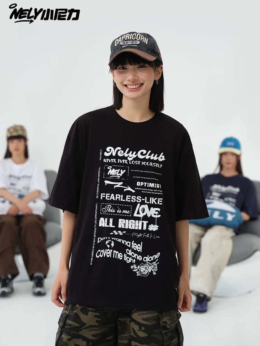 Nely Xiao Nili summer high-end minimalist fuzzy print pure cotton short-sleeved loose American retro couple T-shirt