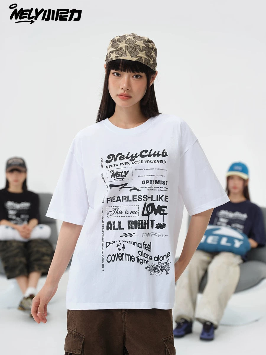 Nely Xiao Nili summer high-end minimalist fuzzy print pure cotton short-sleeved loose American retro couple T-shirt