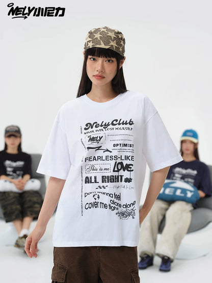 Nely Xiao Nili summer high-end minimalist fuzzy print pure cotton short-sleeved loose American retro couple T-shirt
