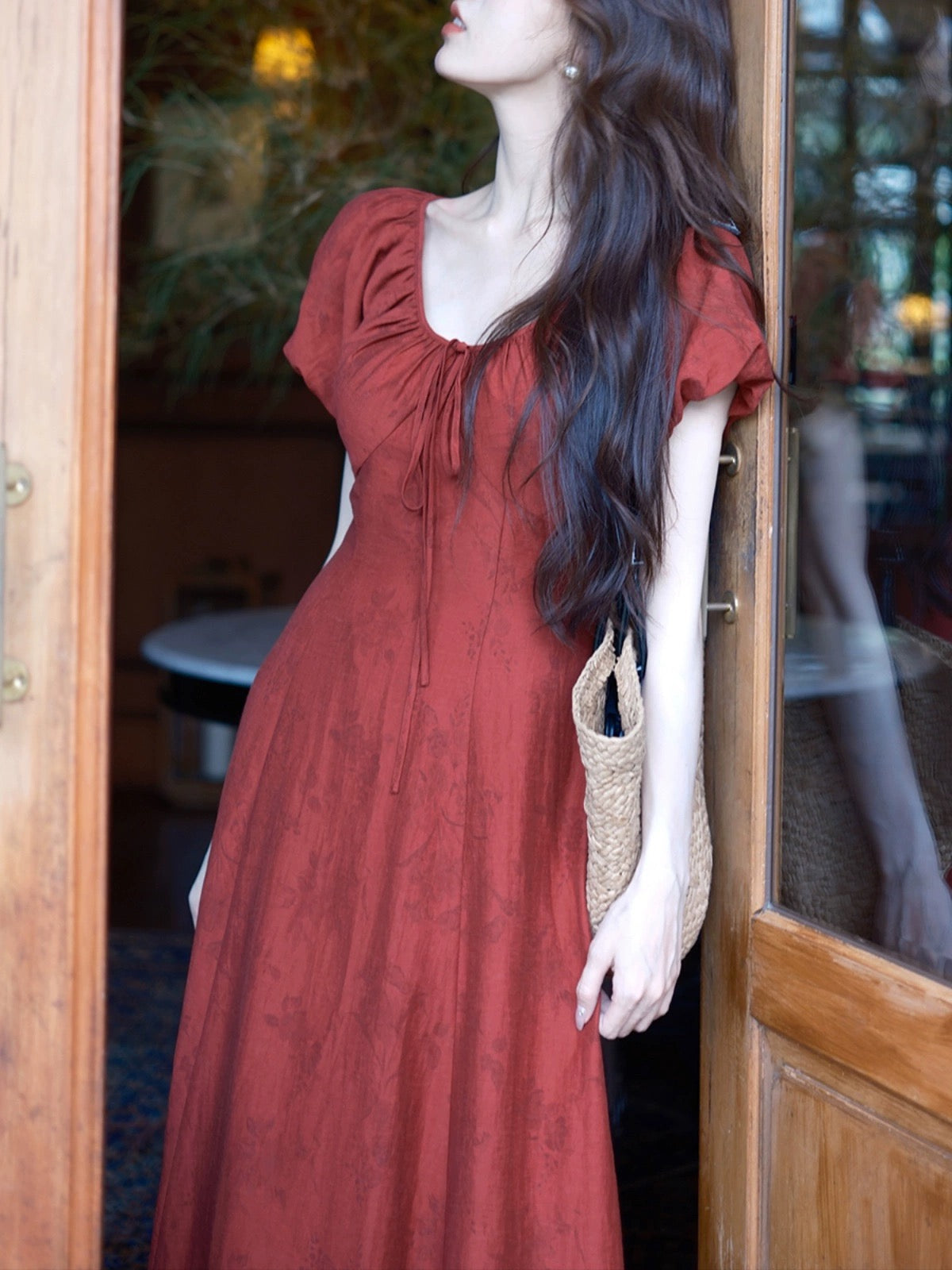 TYANG Eryang [Hua Xiangrong] Chinese Style New Chinese Puff Sleeve Red Waist Slim Dress Women's New Style
