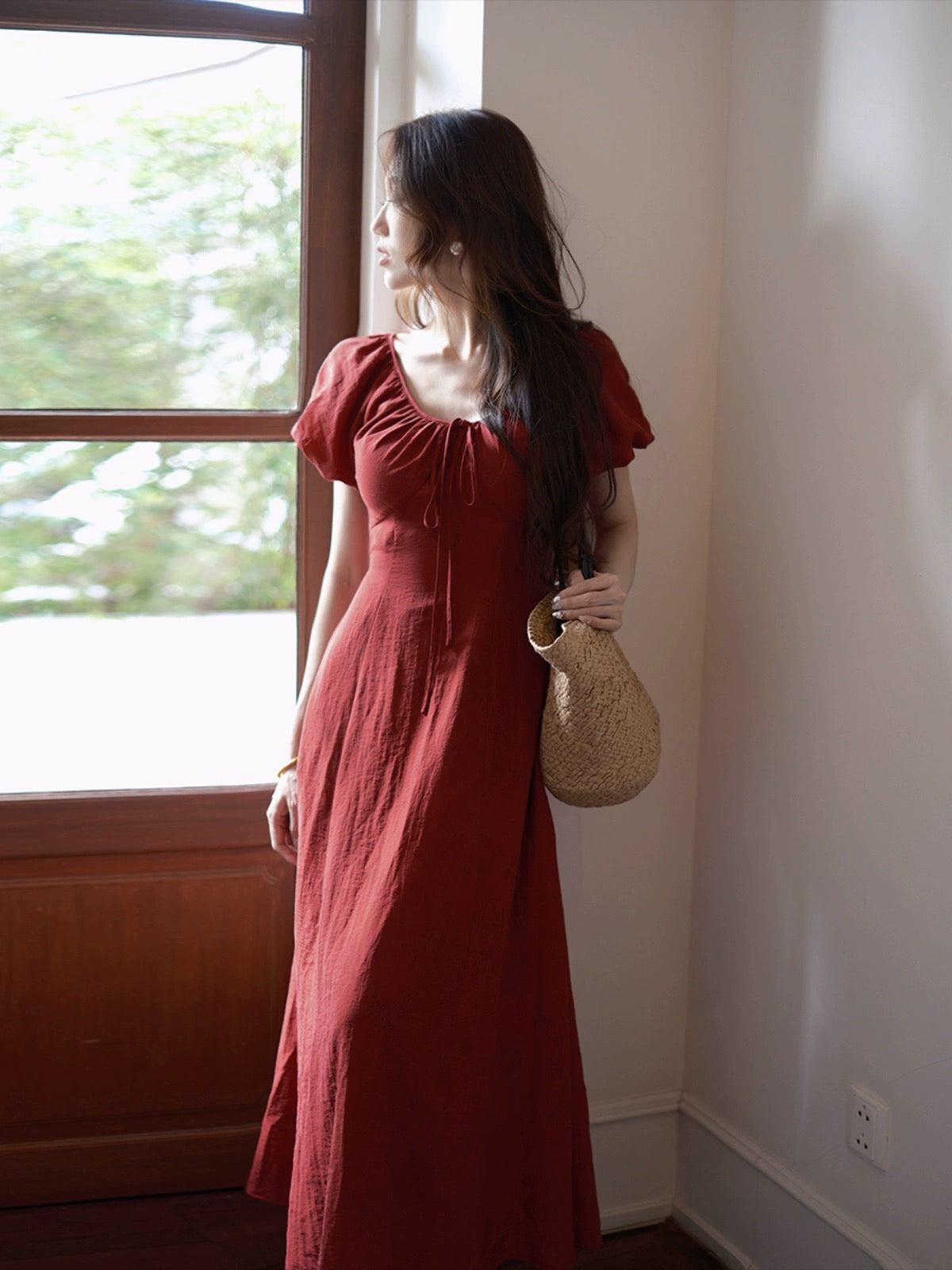 TYANG Eryang [Hua Xiangrong] Chinese Style New Chinese Puff Sleeve Red Waist Slim Dress Women's New Style