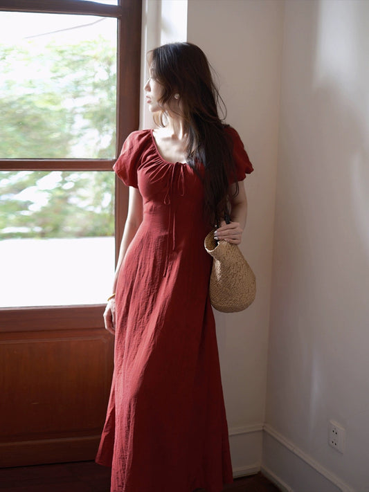TYANG Eryang [Hua Xiangrong] Chinese Style New Chinese Puff Sleeve Red Waist Slim Dress Women's New Style