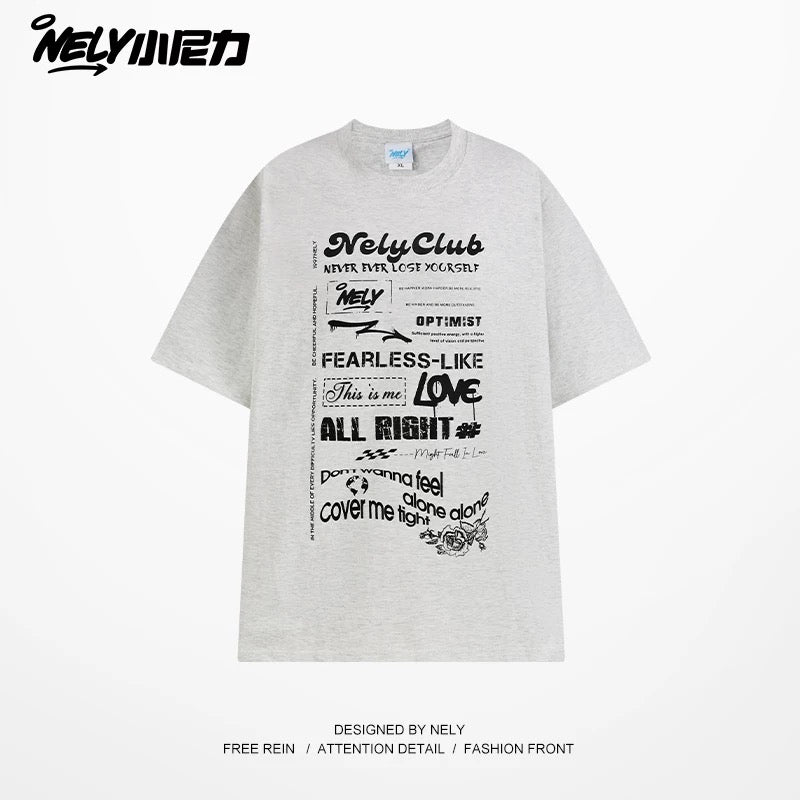 Nely Xiao Nili summer high-end minimalist fuzzy print pure cotton short-sleeved loose American retro couple T-shirt