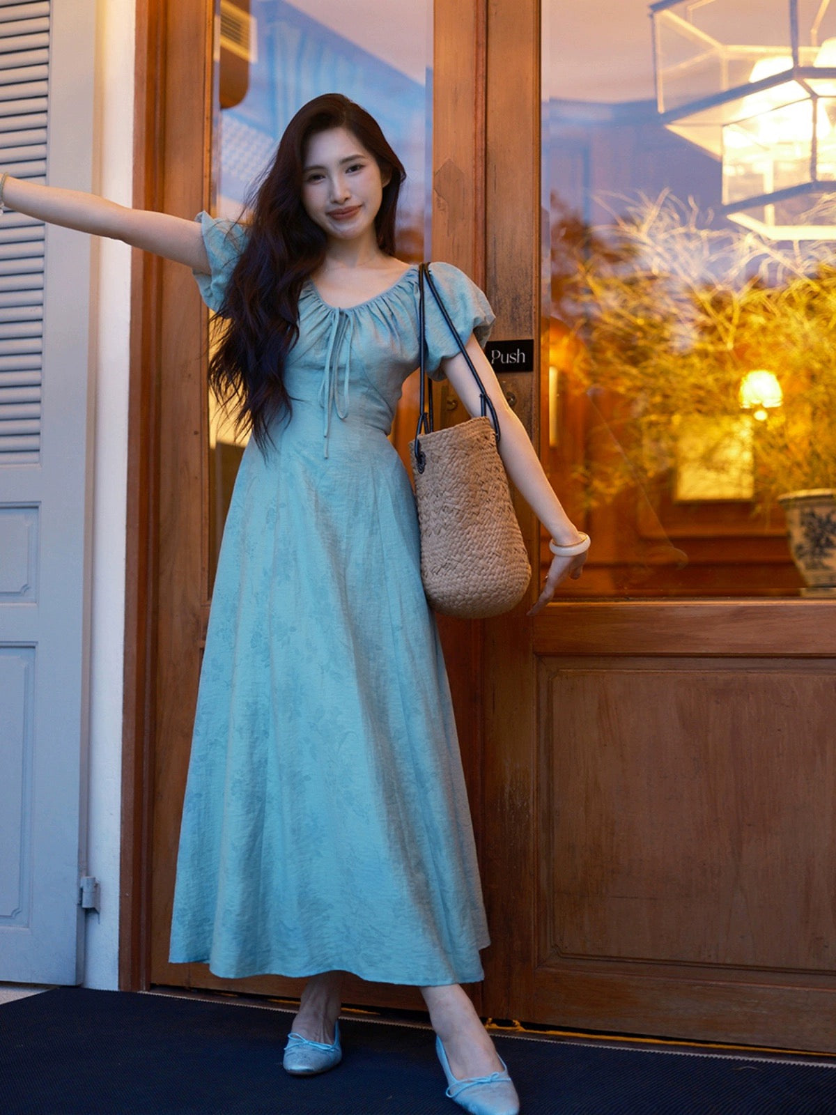 TYANG Eryang [Hua Xiangrong] Chinese Style New Chinese Puff Sleeve Red Waist Slim Dress Women's New Style