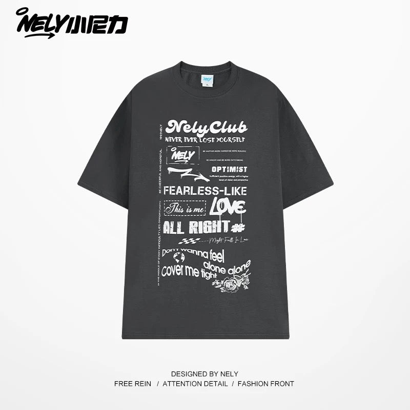 Nely Xiao Nili summer high-end minimalist fuzzy print pure cotton short-sleeved loose American retro couple T-shirt