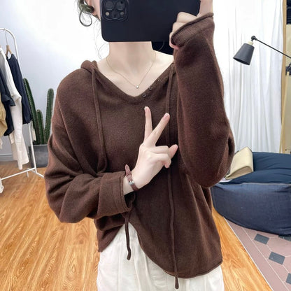 Spring and autumn soft and glutinous design small V-neck hooded sweater women's age-reducing top 2025 new Korean bottoming sweater
