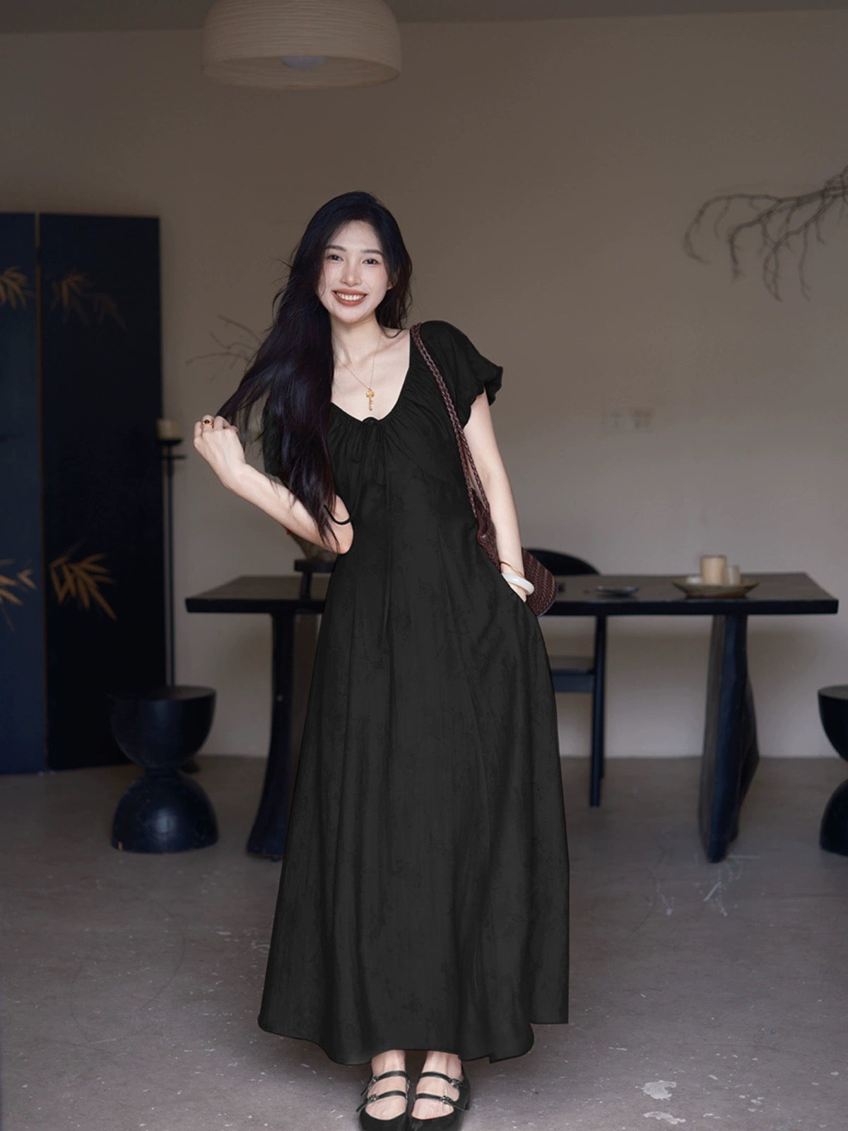 TYANG Eryang [Hua Xiangrong] Chinese Style New Chinese Puff Sleeve Red Waist Slim Dress Women's New Style
