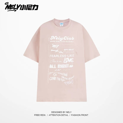 Nely Xiao Nili summer high-end minimalist fuzzy print pure cotton short-sleeved loose American retro couple T-shirt