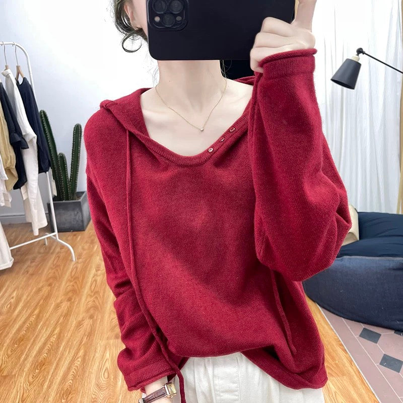 Spring and autumn soft and glutinous design small V-neck hooded sweater women's age-reducing top 2025 new Korean bottoming sweater