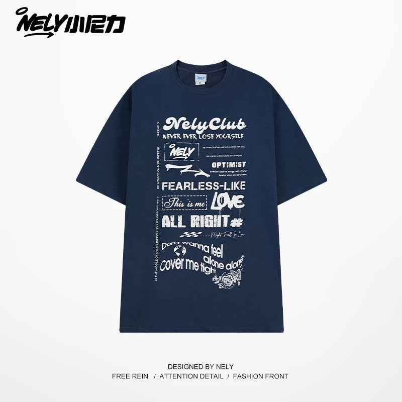 Nely Xiao Nili summer high-end minimalist fuzzy print pure cotton short-sleeved loose American retro couple T-shirt